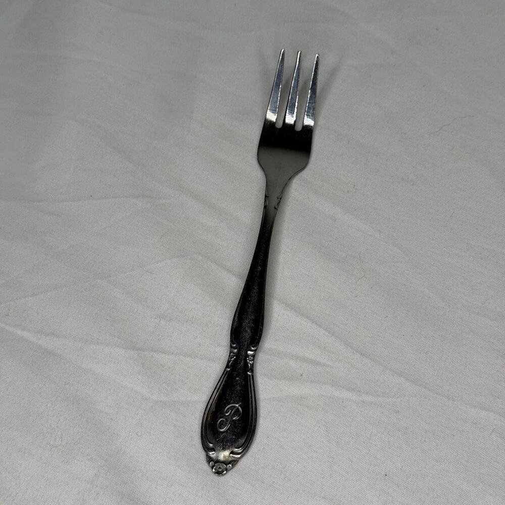 Vintage P Monogram Fork Stainless Steel Floral Handle Ornate Flatware Salad